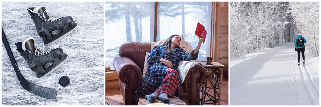 Outdoor winter activities, hockey skates stick and puck on ice, person cross country skiing in snow covered forest, woman lounging on leather chair in flannel sleepwear reading a book