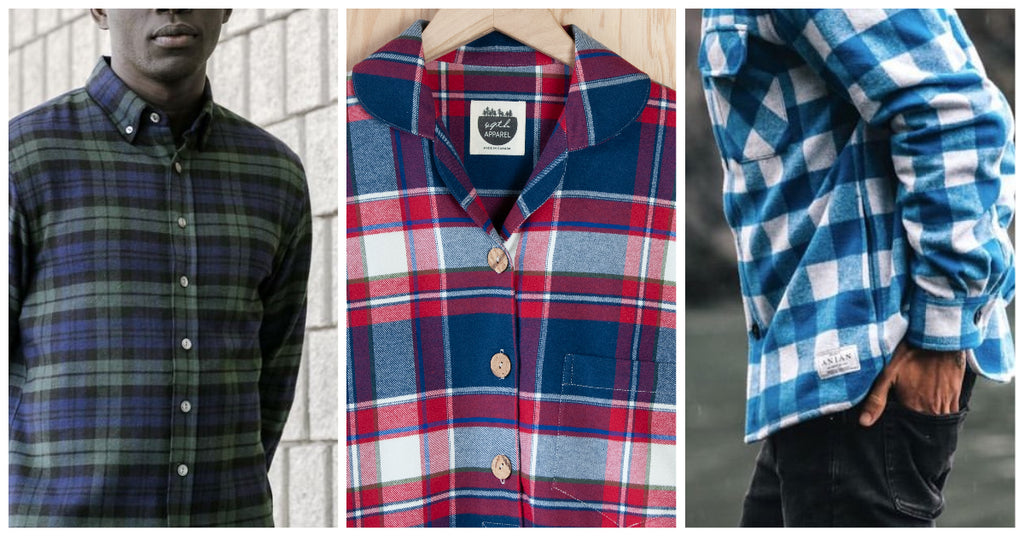 3 images showing examples of matched plaid seams on flannel tops. 