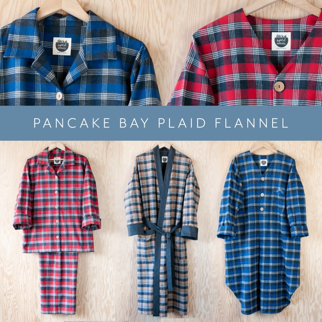 49th Apparel Sleepwear collage of our Pancake Bay Plaid in Lake, Sand and Red.  Top images are the collar of our Classic Pajama Set in Lake, and the neck of detail of our Classic Nightshirt in Red above a blue banner that reads: Pancake Bay Plaid Flannel in white letters.  Below are flat lays of three sleepwear items: Classic Pajama Set in Red, Robe in Sand, Classic Nightshirt in Lake.