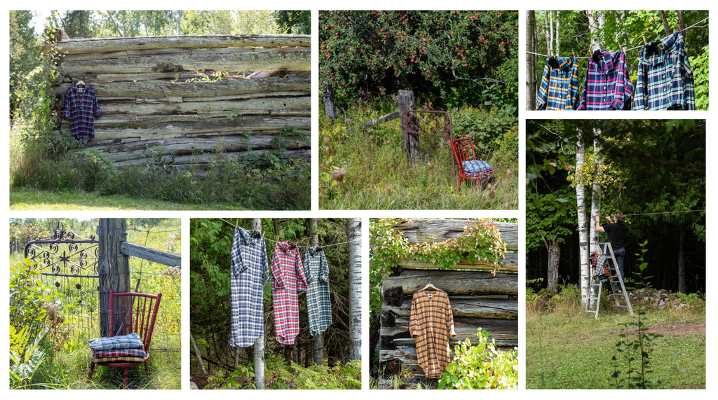 Photo collage of plaid flannel pajamas made by 49th Apparel photographed on St. Joe's Island at a century farm 