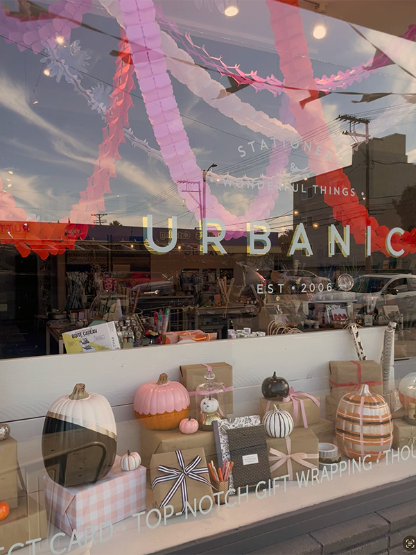 urbanic paper boutique los angeles california gifts stationery gift wrap halloween window pumpkins notebooks spooky pens