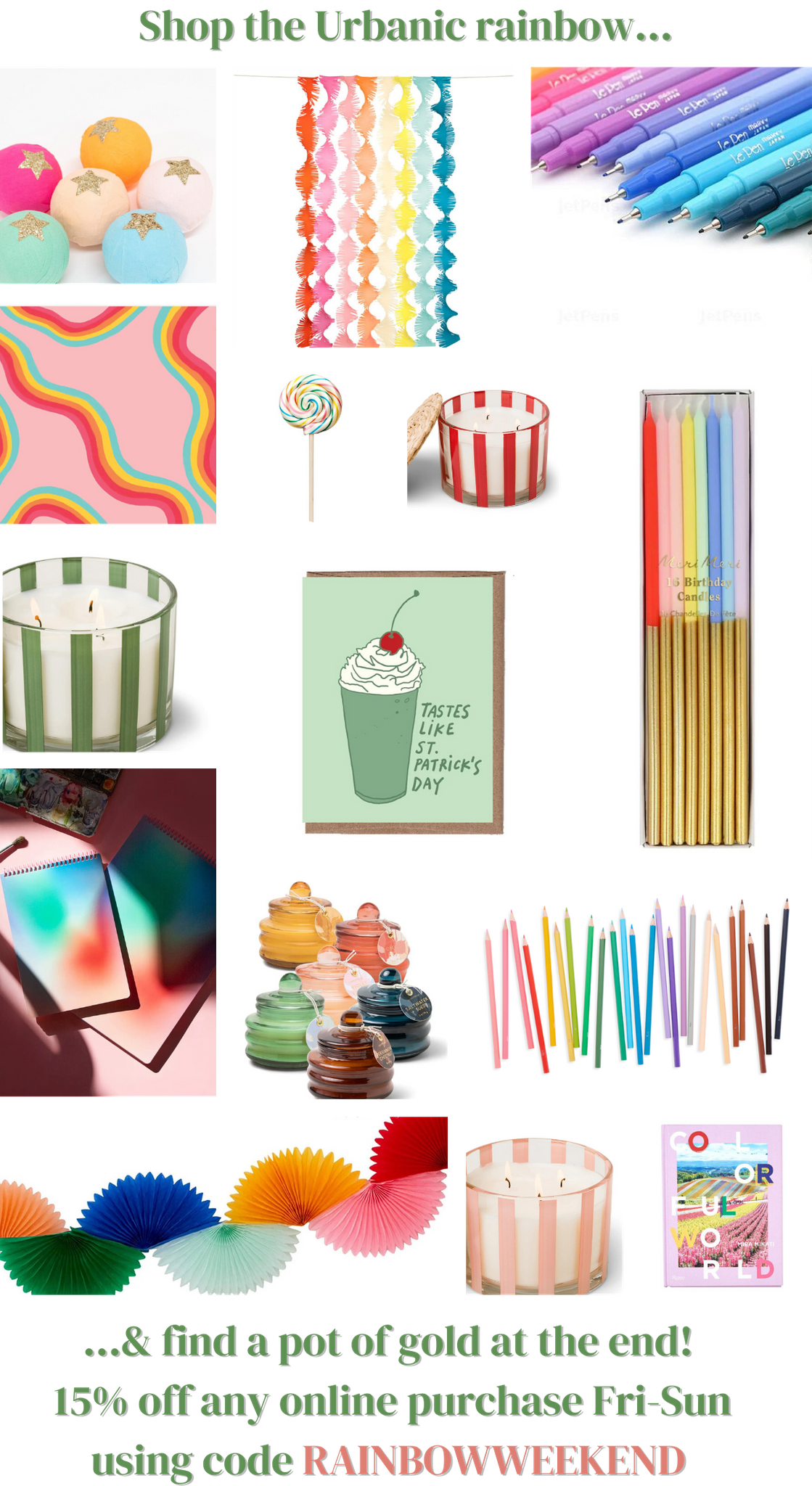 urbanic paper boutique los angeles california gifts stationery st patricks saint pattys streamers party decor candles notebooks candles