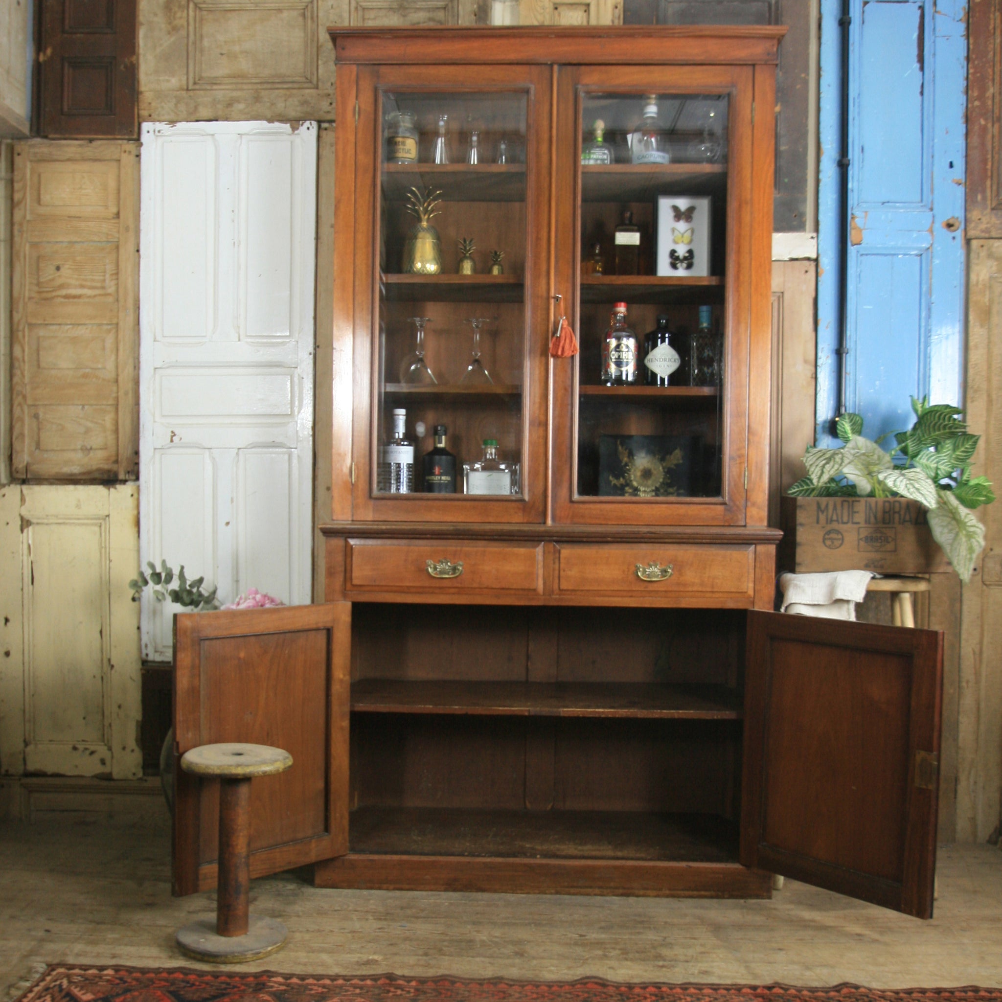 Antique Walnut Display Cabinet Mustard Vintage