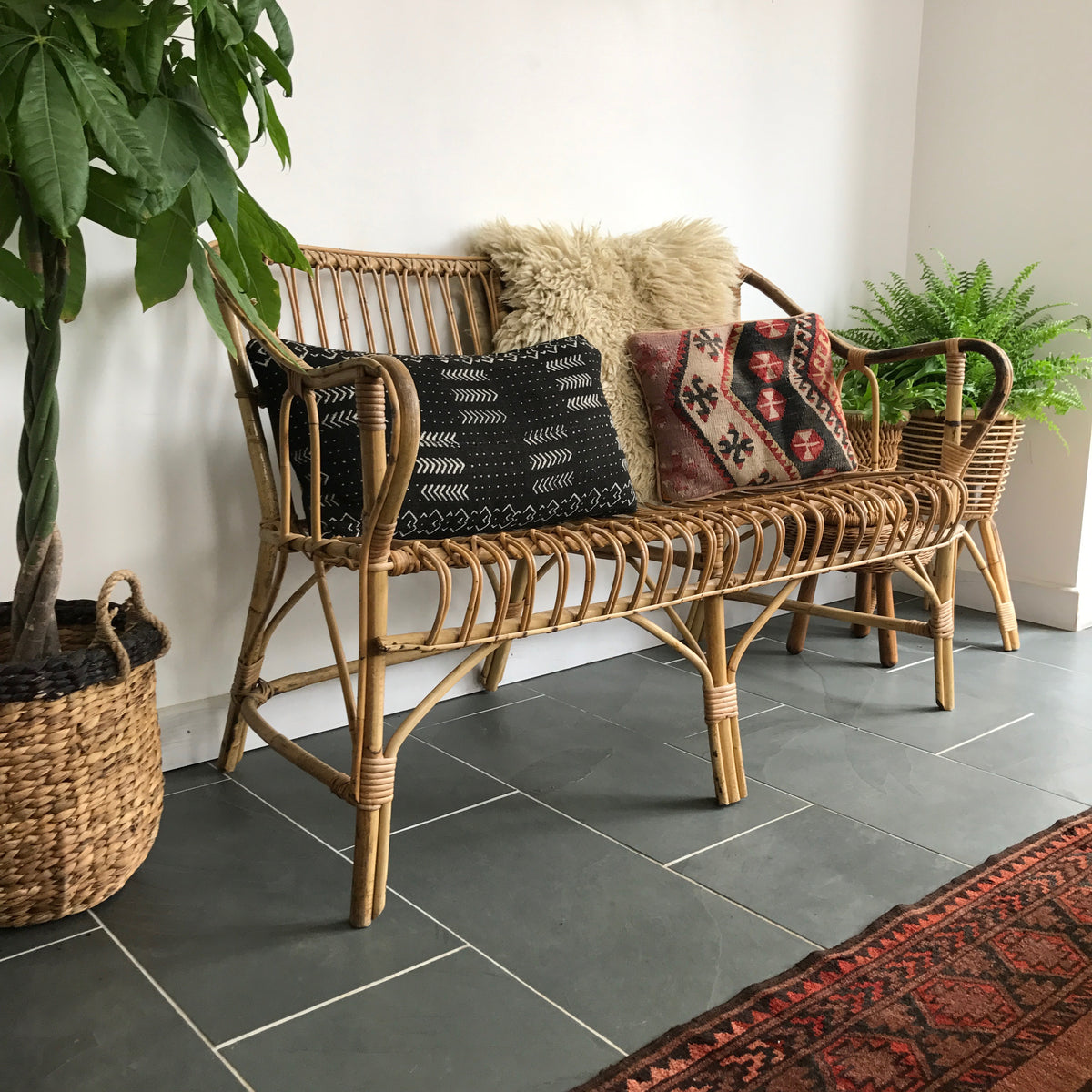 Vintage Bohemian Rattan Bamboo Sofa – Mustard Vintage