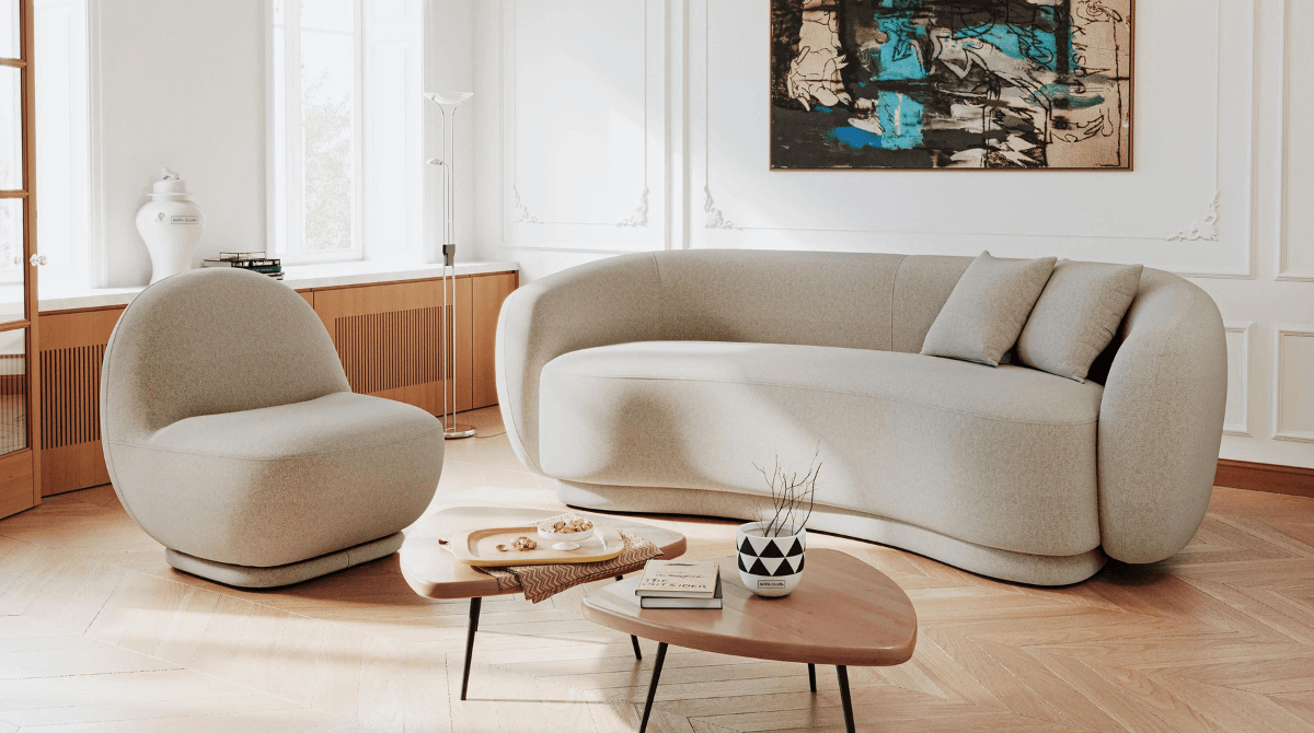 Curved sofa in Parisian chic lounge