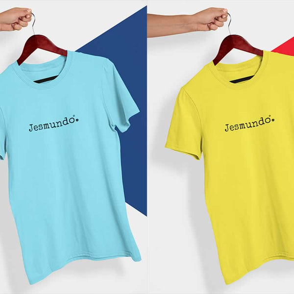 Bright blue and yellow t-shirts stand out