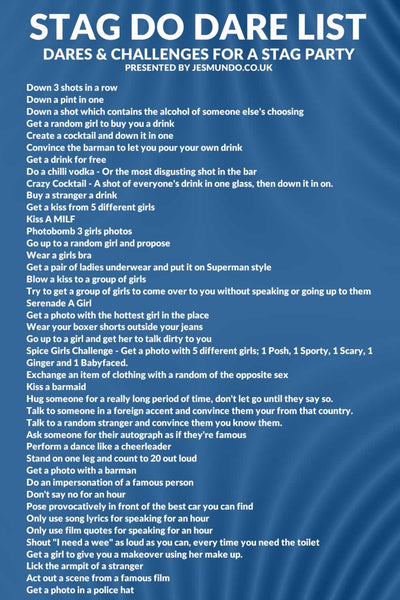 Stag Do Dare List - List of 50 dares for a stag party