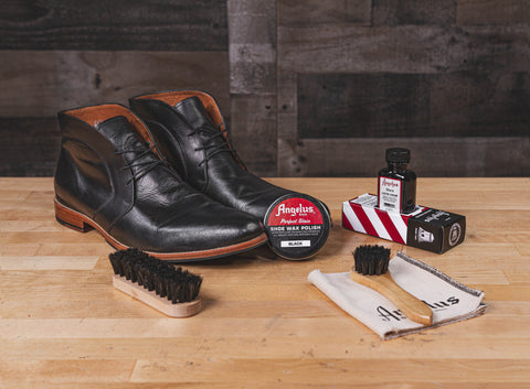 Angelus Shoe Shine Travel Kit and leather shoes