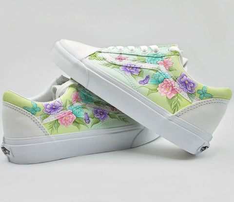 Flowers and butterflies hand painted on vans with Angelus Paints on Vans by @cassykustoms