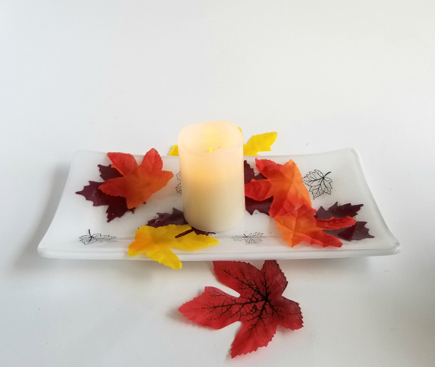 Fall Leaves fused glass serving plate dish tray, 10 x 5 inch, white with copper and black leaf design, housewarming gift and home décor Seeds Glassworks