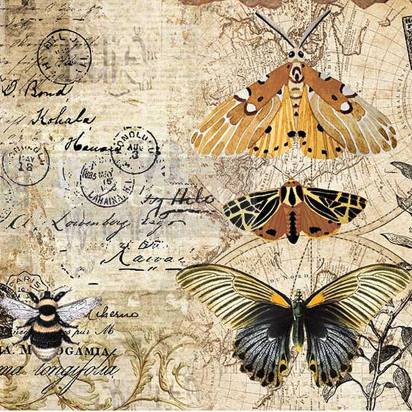 Tissue paper design of vintage postal parchment with bees, moths, and butterflies.