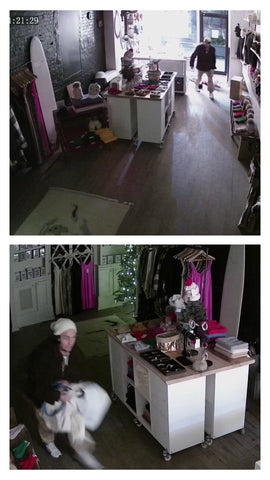 Interior camera footage. Man stealing products.
