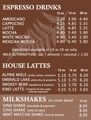 espresso drinks & house latte options
