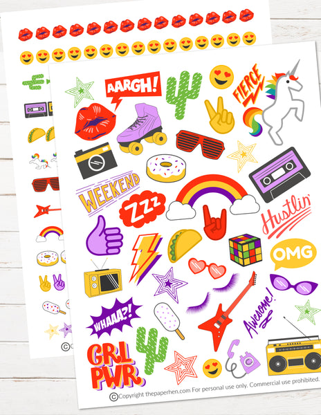 Retro 90s printable stickers - 24 stickers.