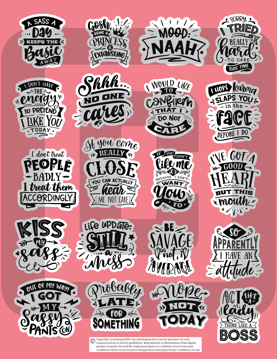 sarcastic sassy printable planner stickers black white the paper hen