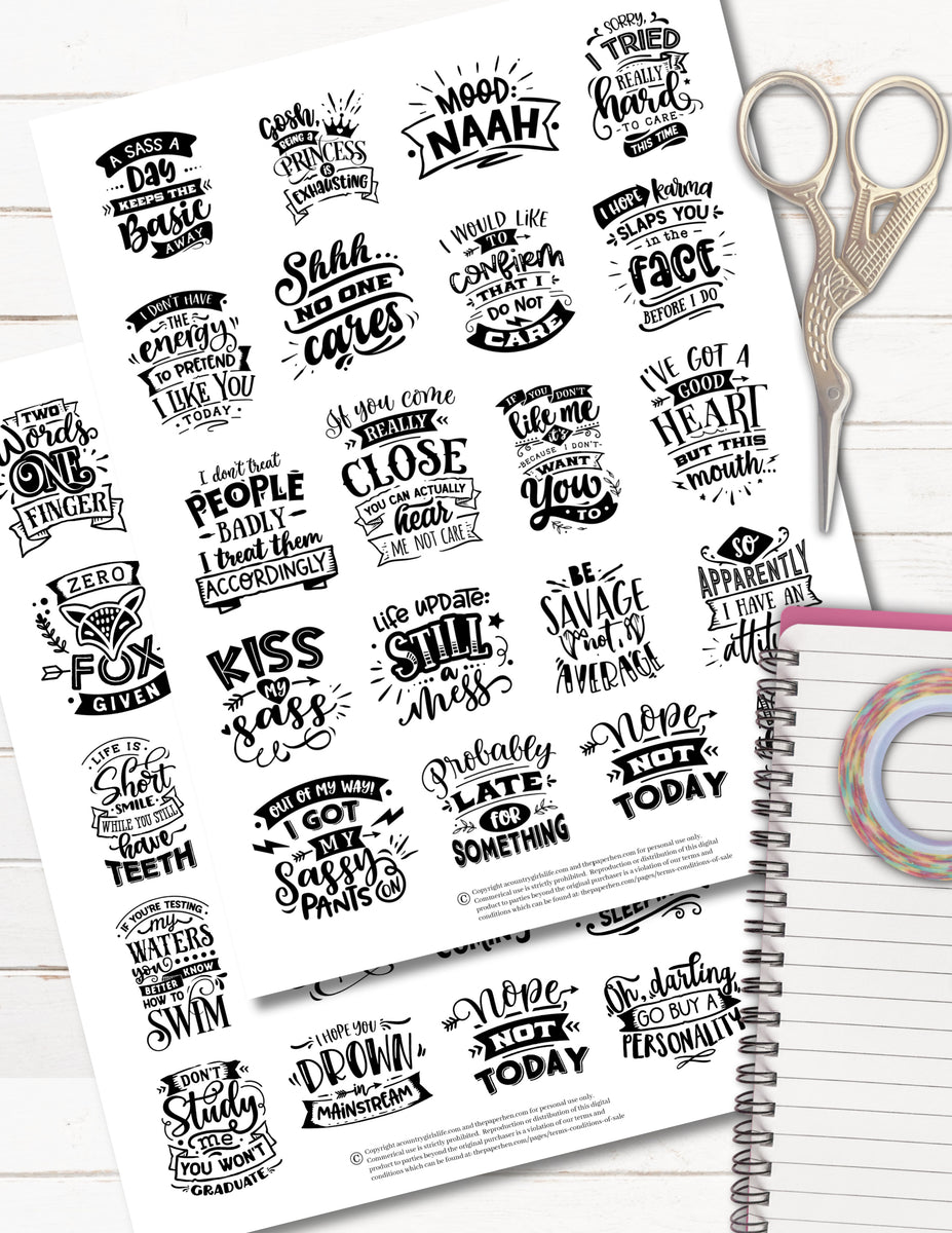 sarcastic sassy printable planner stickers black white the paper hen