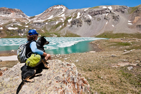 female-hiker-and-her-dog-sitting-on-a-rock-looking-at-a-lake-hiking-trails-concept