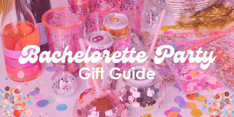 Hot pink confetti cups, disco ball cups, and confetti pouches surrounded by confetti with words "Bachelorette Party Gift Guide"