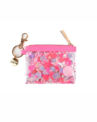 Pink confetti card wallet with keychain attachment