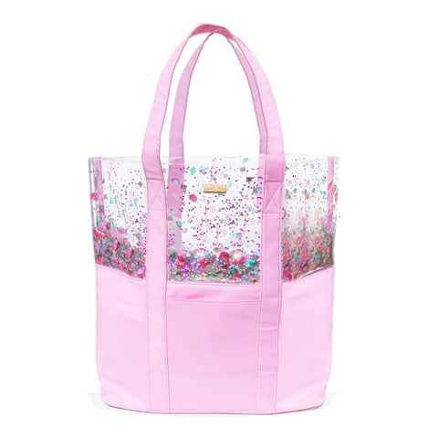 Pink beach bag tote with clear vinyl and confetti