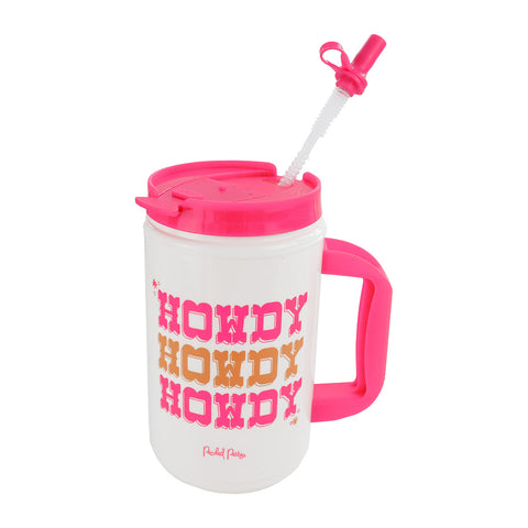 White and hot pink jug with straw and handle, with words "HOWDY" repeated