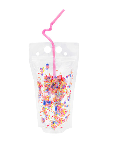 Reusable plastic drink pouch with confetti design and straw