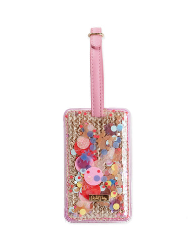 Rattan and pink confetti luggage tag
