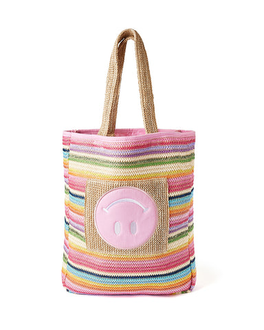 Woven tote bag  with rainbow stripes with upside down light pink smiley face in the center