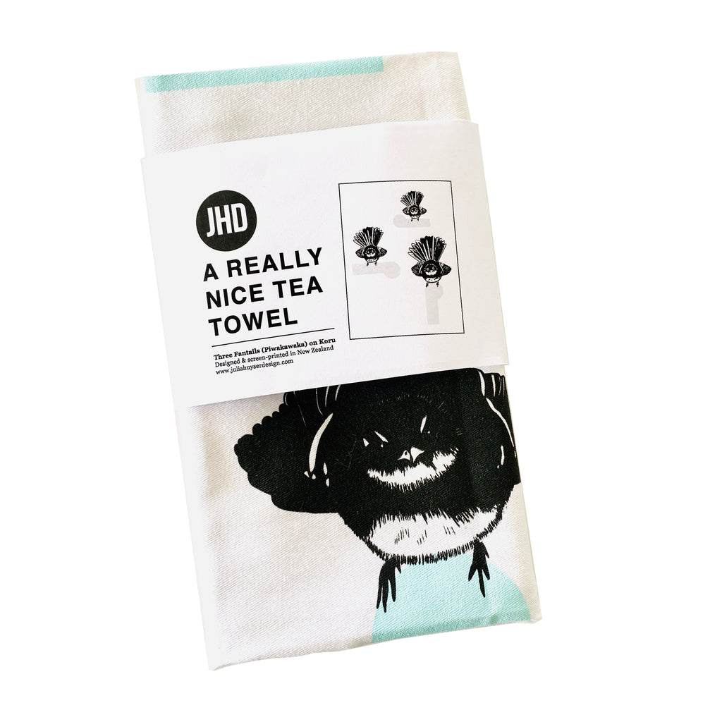 3 Fantails on Koru tea towel | Julia Huyser Design