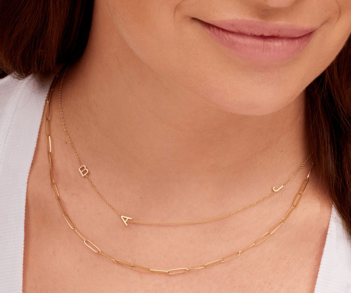 lemel initial necklace layered with paperclip necklace 14k