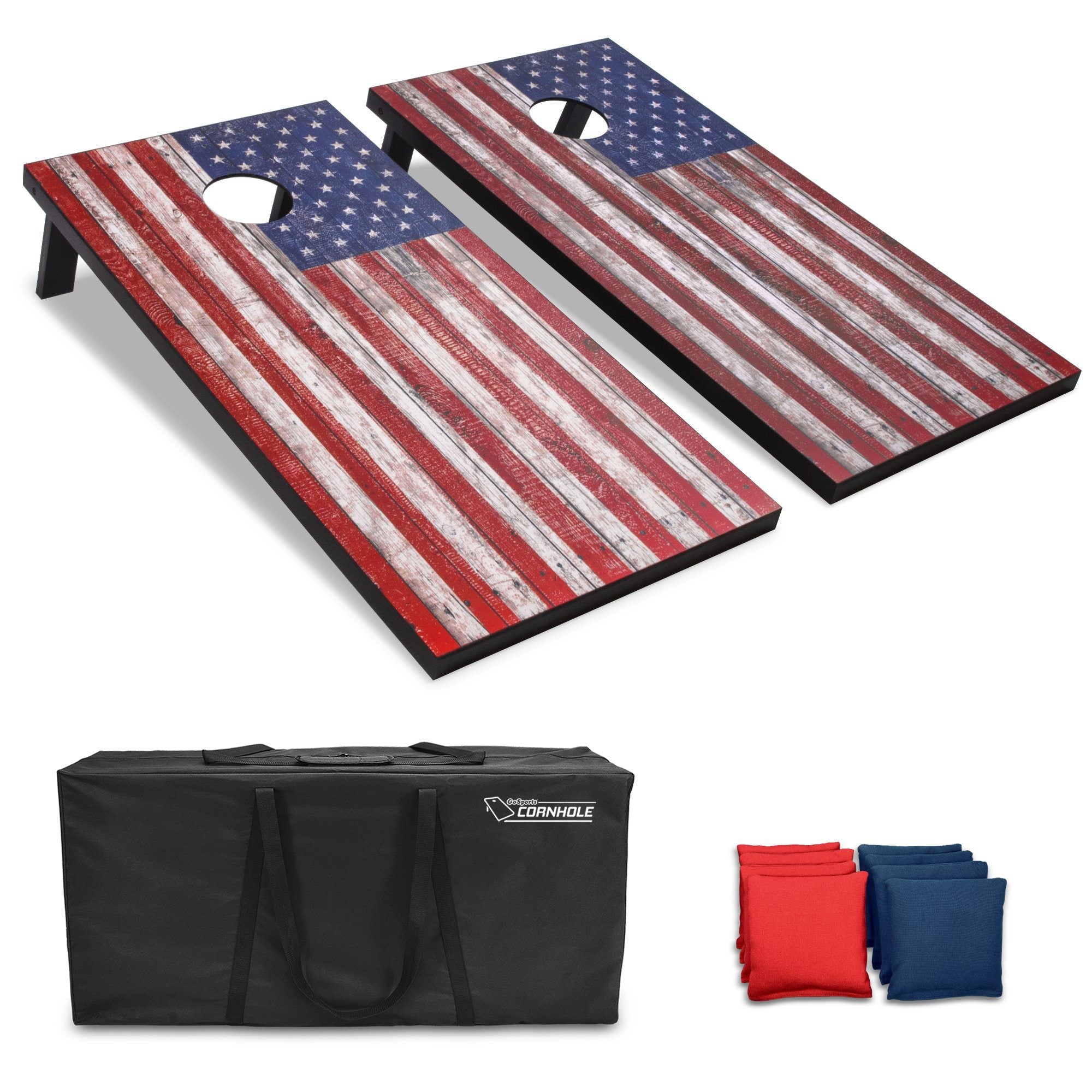 Photo 1 of GoSports American Flag Regulation Size Cornhole Set Includes 8 Bags, Carry Case & Rules, CARRYING CASE RIPPED AND MAJOR CRACK 