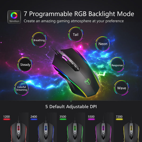 pictek gaming mouse wired, 8 programmable buttons, chroma rgb backlit, 7200 dpi adjustable driver