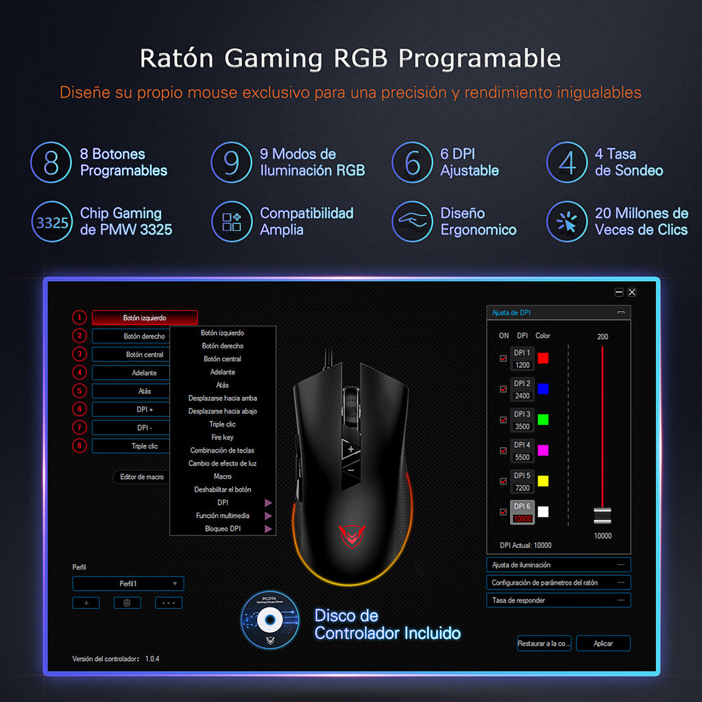 pictek gaming mouse wired, 8 programmable buttons, chroma rgb backlit, 7200 dpi