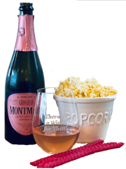Bubbly Rosé with popcorn and red vines