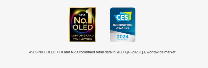 ASUS number 1 OLED laptop brand icon, CES2024 Innovation Award Honoree icon