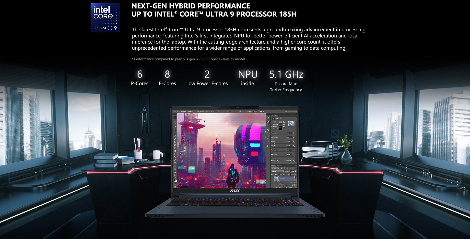 The latest Intel® Core™ Ultra 9 processor 185H represents a groundbreaking advancement in processing performance, featuring Intel’s first integrated NPU for better power-efficient AI acceleration and local inference for the laptop. With the cutting-edge architecture and a higher core count, it offers unprecedented performance for a wider range of applications, from gaming to data computing. 