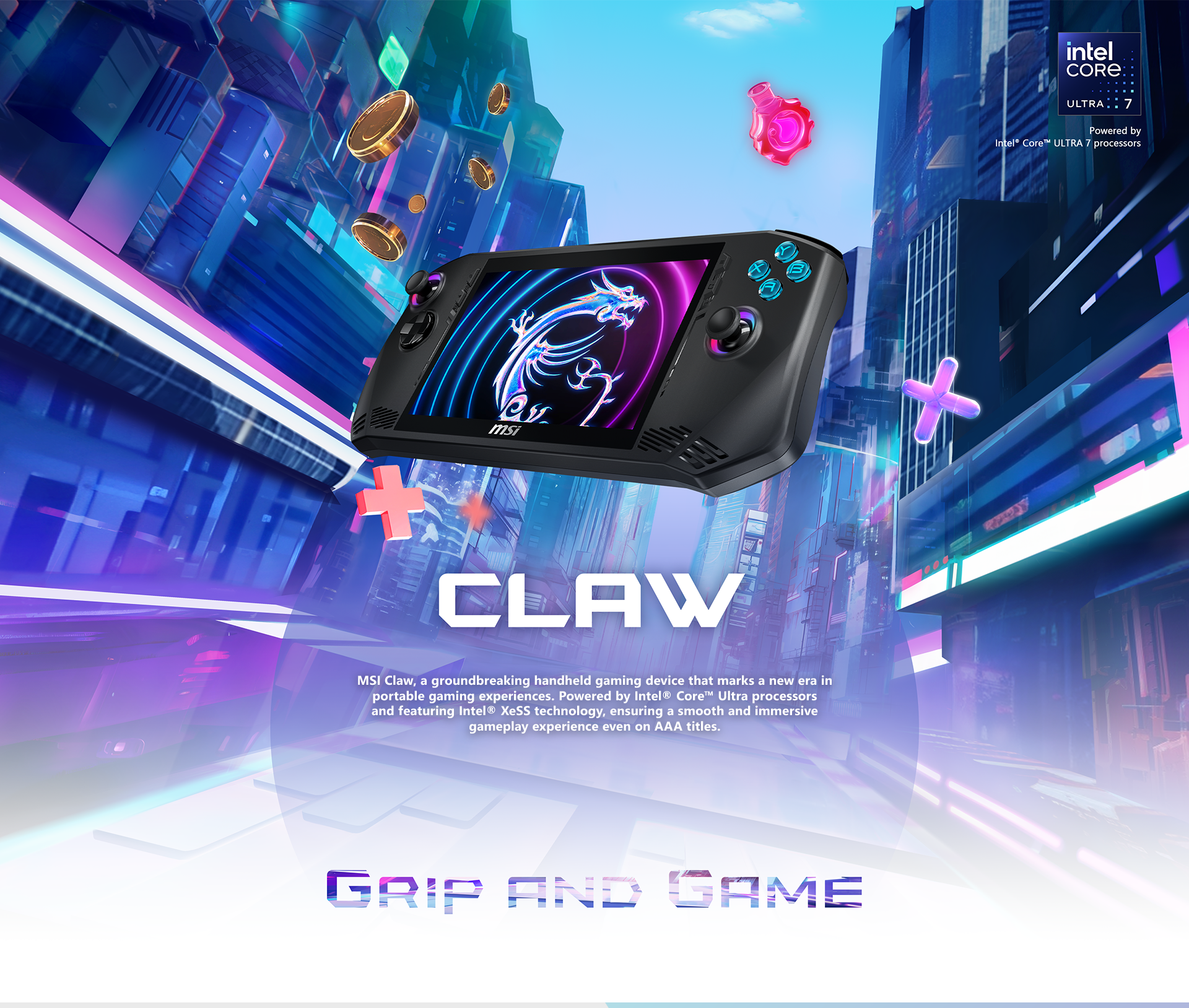 MSI Claw A1M, a groundbreaking handheld gaming device that marks a new era in portable gaming experiences. Powered by Intel® Core™ Ultra processors and featuring Intel® XeSS technology, ensuring a smooth and immersive gameplay experience even on AAA titles.