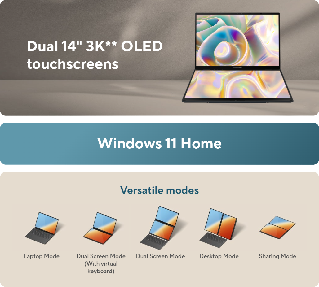 Dual 14 inch 3K OLED touchscreens