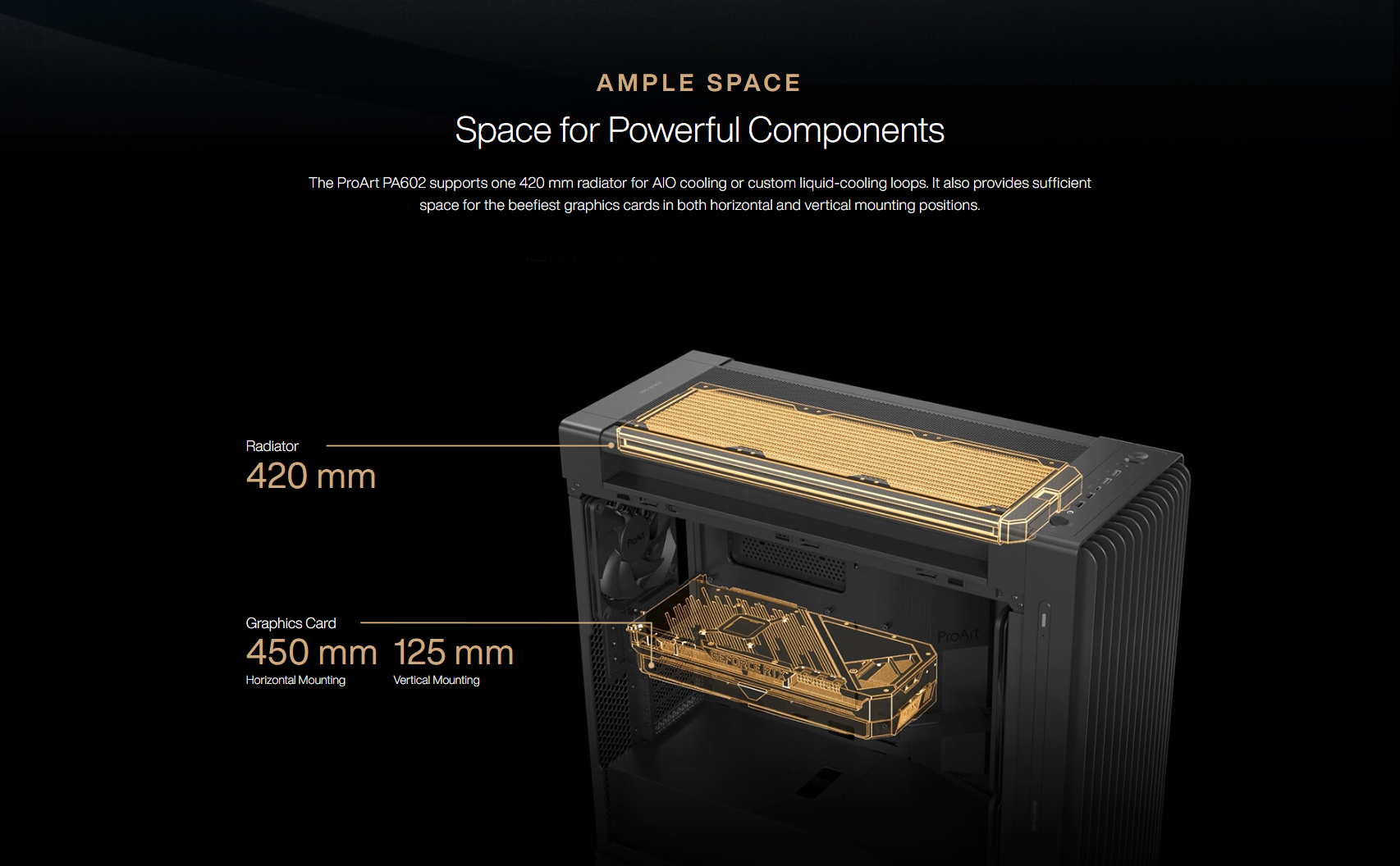 The ProArt PA602 supports one 420 mm radiator for AIO cooling or custom liquid-cooling loops. It also provides sufficient space for the beefiest graphics cards in both horizontal and vertical mounting positions.