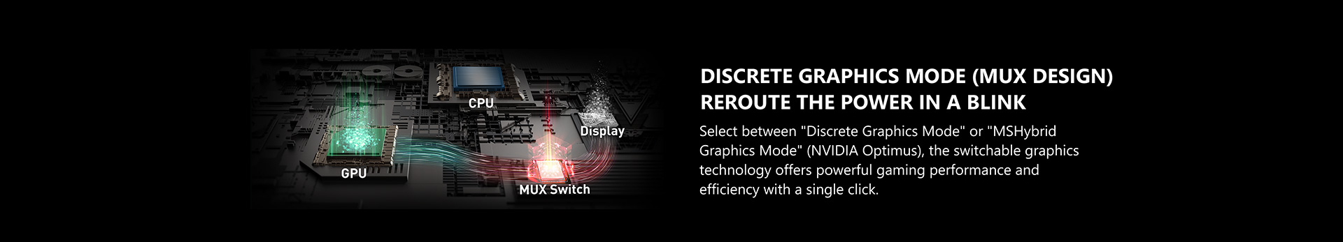 Select between'Discrete Graphics Mode' or 'MSHybrid Graphics Mode' (NVIDIA Optimus), the switchable graphics technology offers powerful gaming performance and efficiency with a single click.