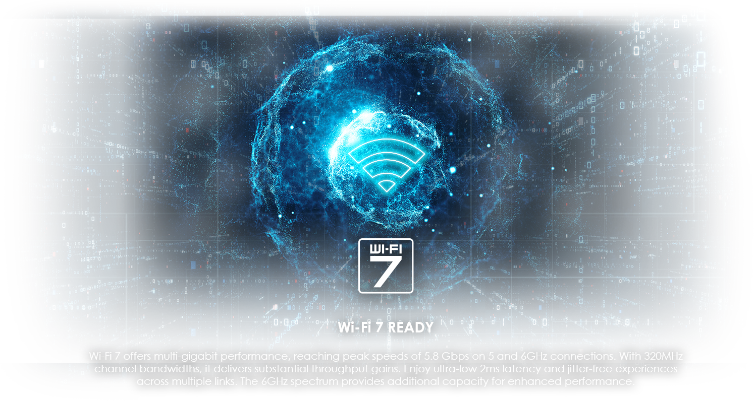 Wi-Fi 7 offers multi-gigabit performance, reaching peak speeds of 5.8 Gbps on 5 and 6GHz connections. With 320MHz channel bandwidths, it delivers substantial throughput gains. Enjoy ultra-low 2ms latency and jitter-free experiences across multiple links. The 6GHz spectrum provides additional capacity for enhanced performance.