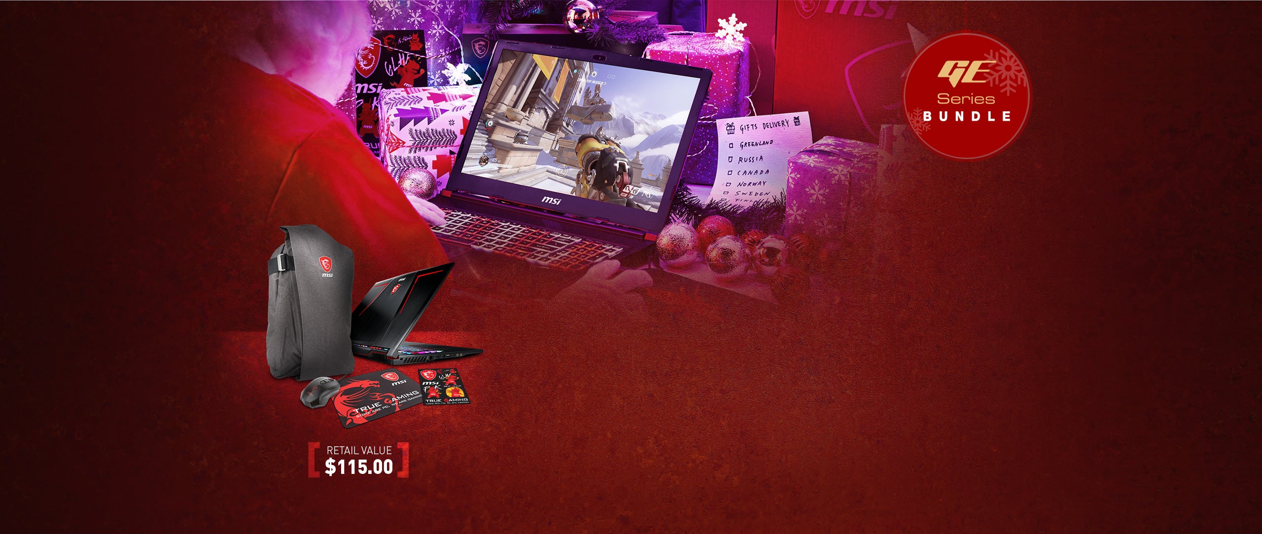 GE Series Bundle. Retail Value $115.00. Image Shows MSI backpack, mouse, mousepad and stickers. 