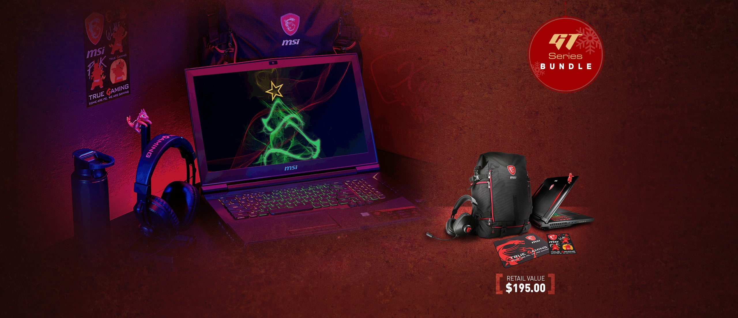 GT Series Bundle. Retail Value $195.00. Image Shows MSI headset, backpack, mousepad, stickers and Lucky the Dragon climber.