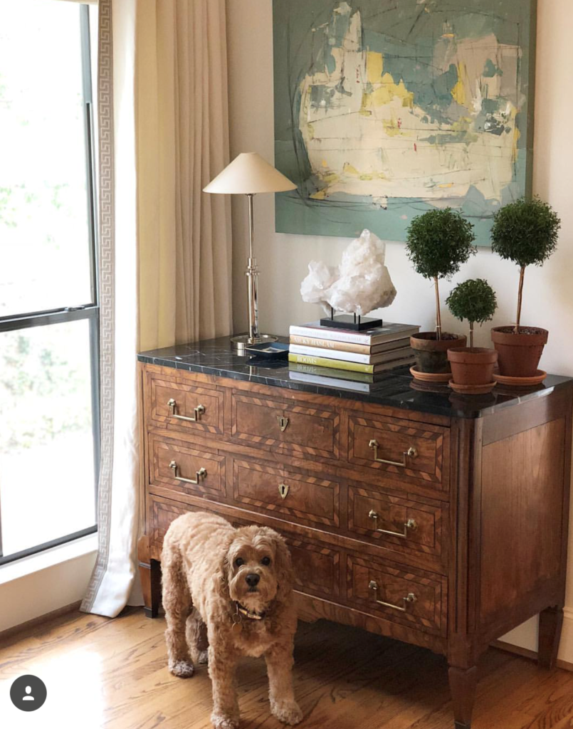 If you follow Paloma, you’ll know her boy Tate, who is so adorable in front of this handsome Louis XVI mahogany inlaid chest.