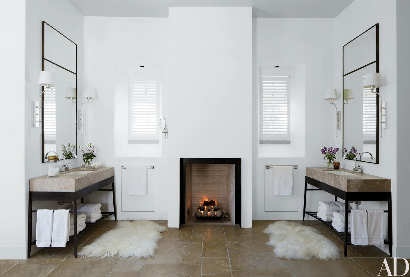 And I wanted to keep the bathrooms simple and functional, without frou frou tile or any other accoutrements, but preferably with a fireplace. (Bobby McAlpine design, photo by Roger Davies for AD.)