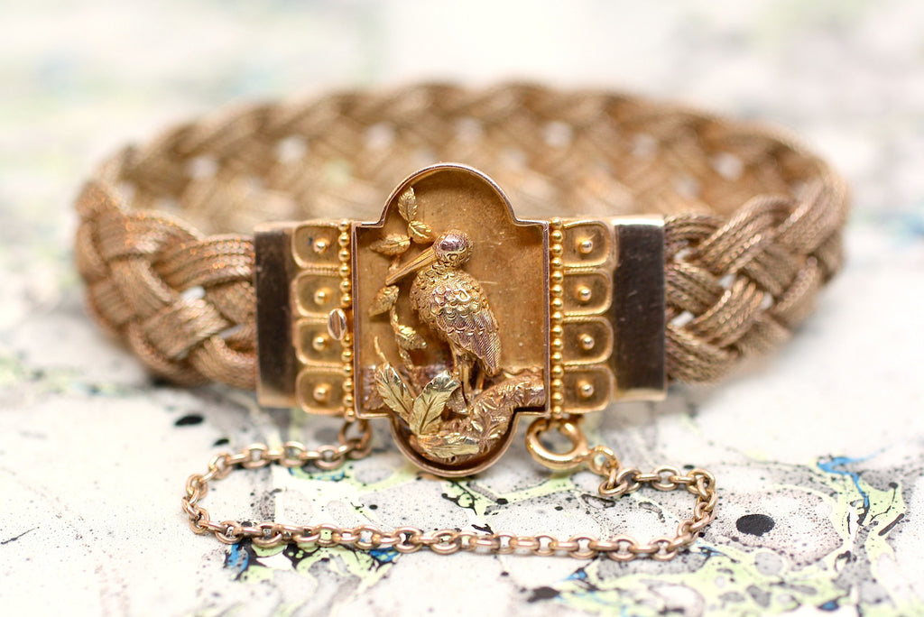 C 1890 Handmade 14k Gold Mesh Bird Bracelet Pippin