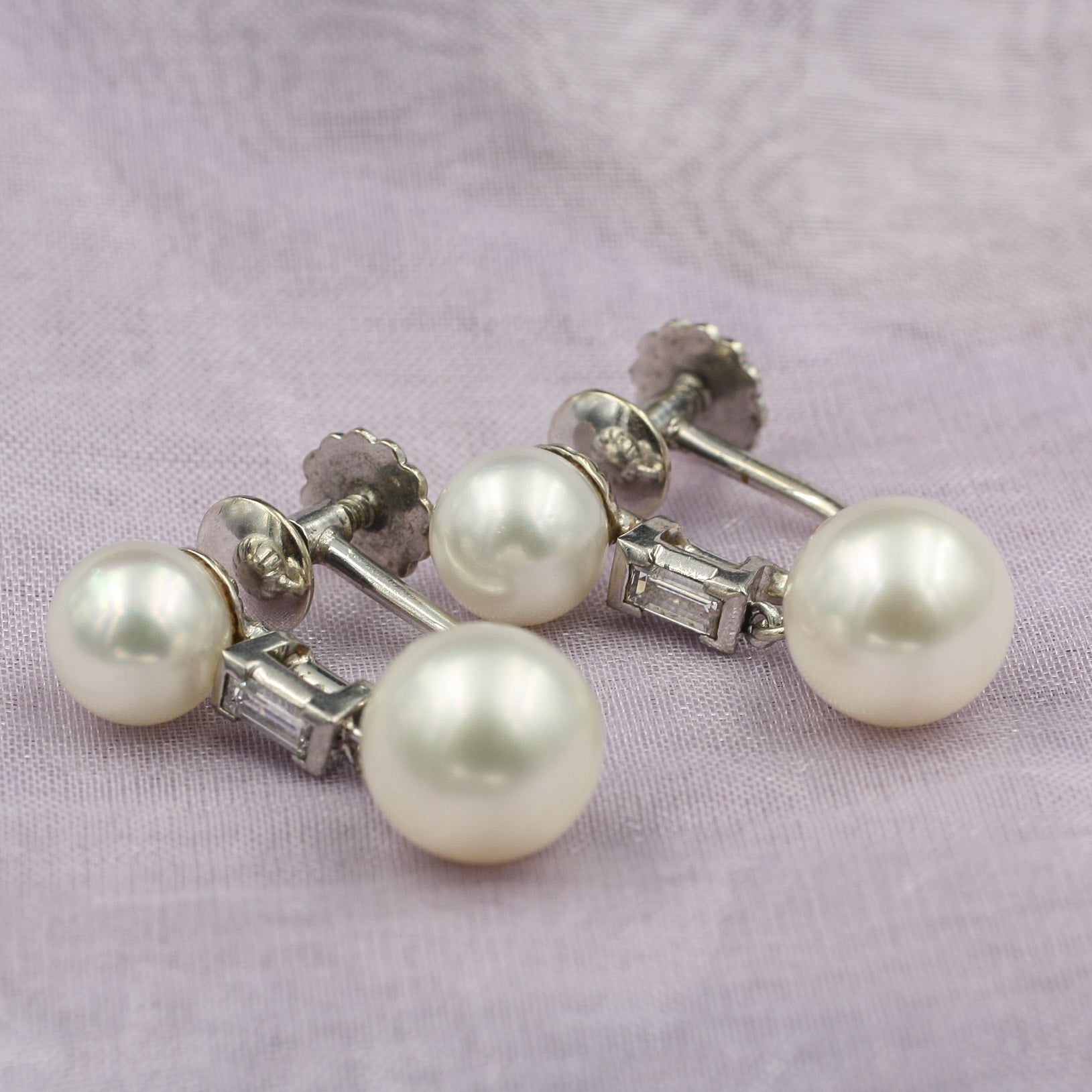 Midcentury Pearl and Baguette Diamond Drop Earrings – Pippin Vintage ...