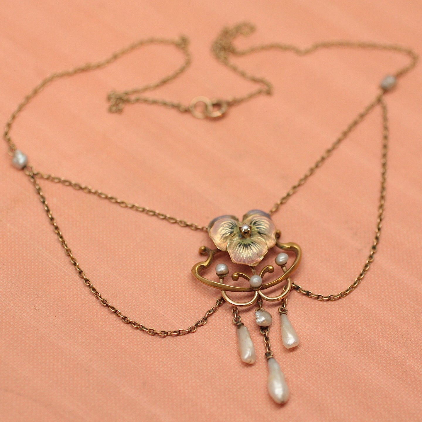 C 1900 Art Nouveau Enamel Pansy Necklace Pippin Vintage Jewelry