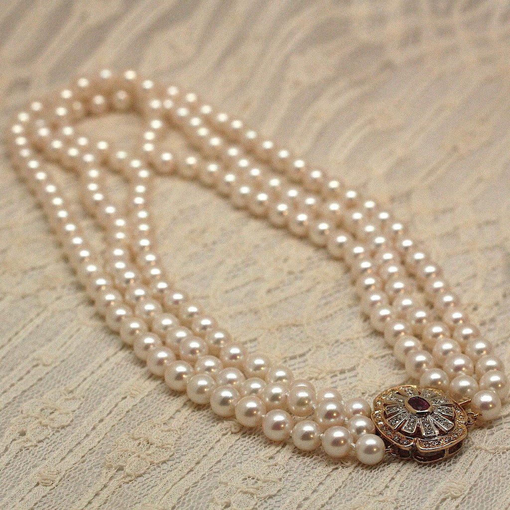 Circa 1950 3-Strand Pearl Necklace with Rubies and Diamonds – Pippin ...