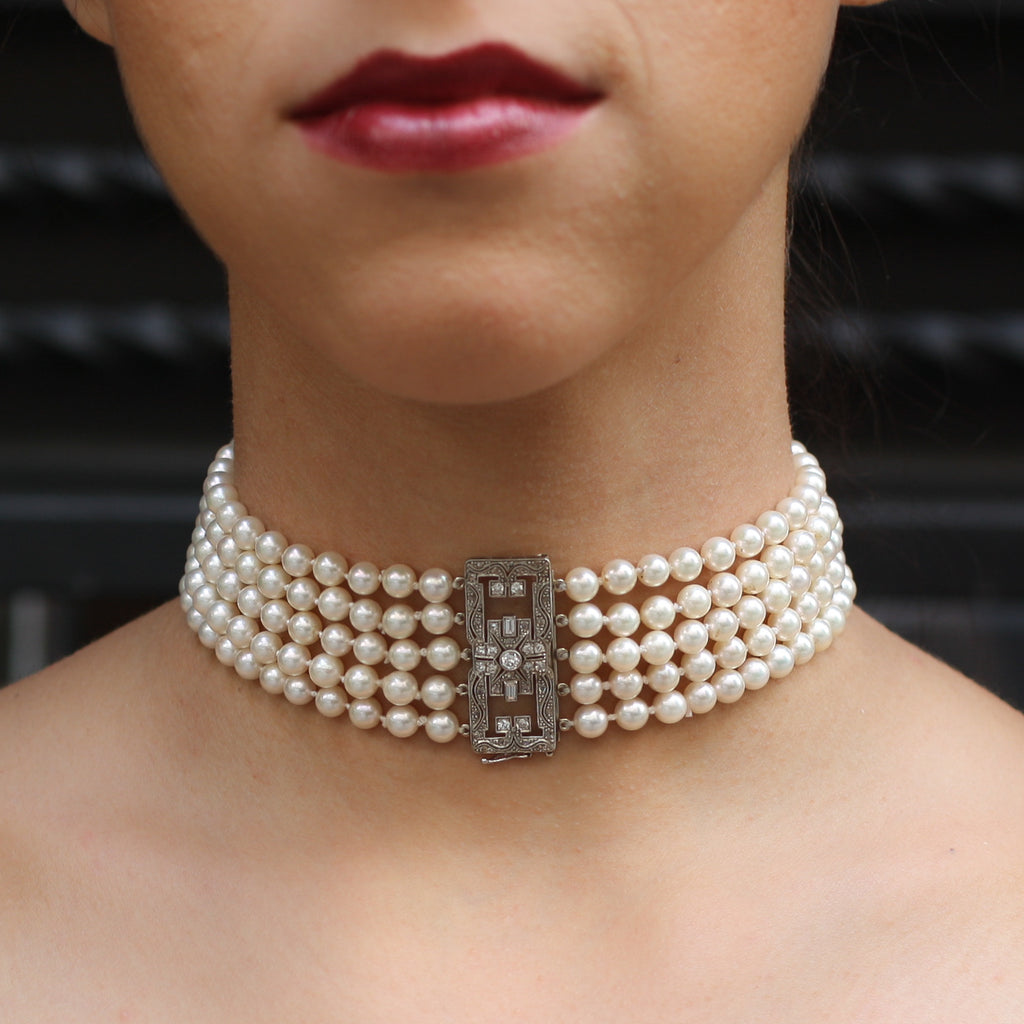 Edwardian Diamond Clasp Pearl Choker Necklace Pippin Vintage Jewelry